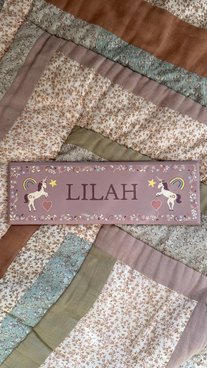 Personalised hand-painted wooden bedroom door plaque with decorative illustrations