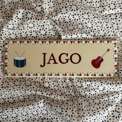 Personalised hand-painted wooden bedroom door plaque with decorative illustrations