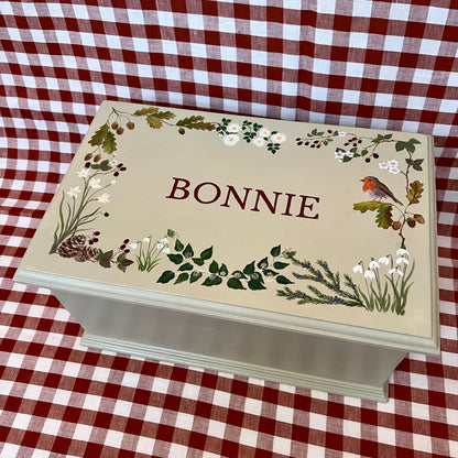 Hand-painted wooden keepsake box created as a bespoke childhood heirloom