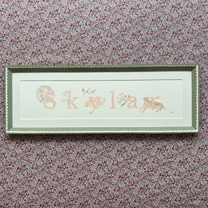 Bespoke hand-painted full name watercolour painting in a decorated oak frame