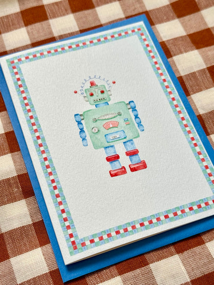 robot greetings card, angled photograph