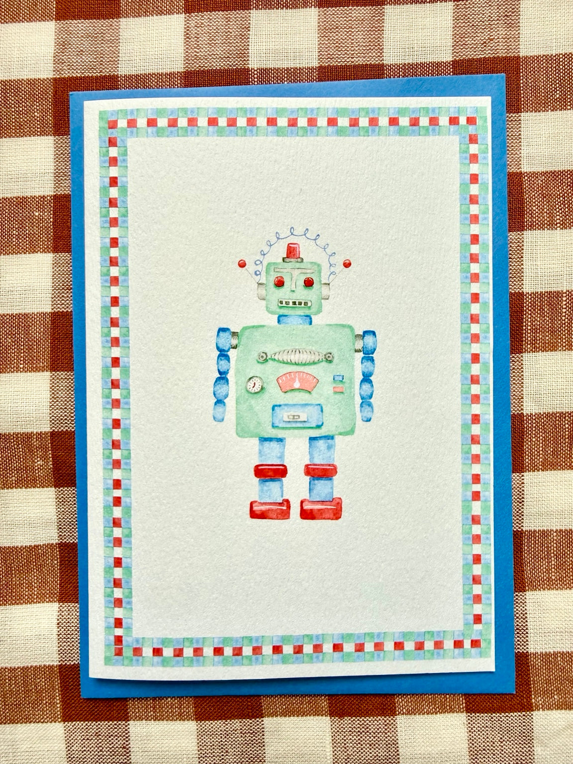 robot greetings card, straight-on photograph