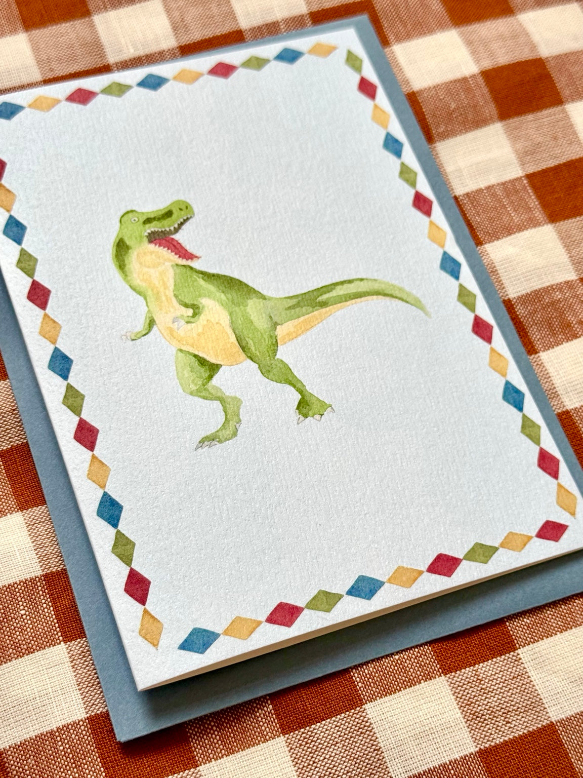 T-Rex greetings card, angled photograph