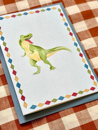 T-Rex greetings card, angled photograph