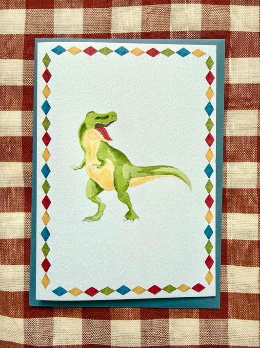 T-Rex greetings card, straight-on photograph