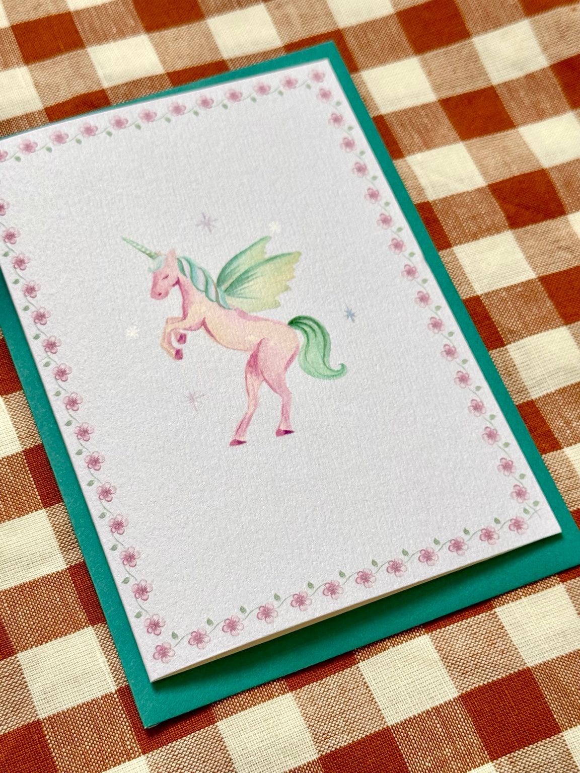 unicorn greetings card, angled photograph